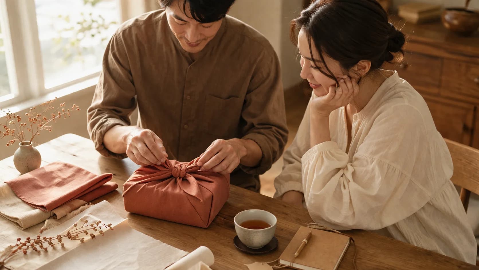 パートナーと一緒に贈り物を包む